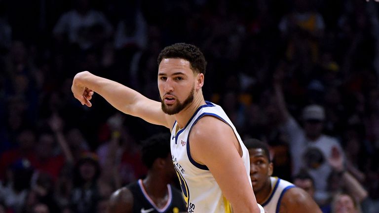 Klay Thompson #11 of the Golden State Warriors reacts to his three pointer during the first half against the LA Clippers in Game Four of Round One of the 2019 NBA Playoffs at Staples Center on April 21, 2019 in Los Angeles, California.