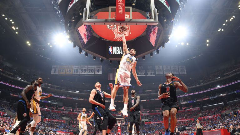 Klay Thompson of the Golden State Warriors dunks the ball against the LA Clippers in Game Three of Round One of the 2019 NBA Playoffs