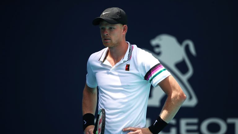 Kyle Edmund of Great Britain reacts after a spectator calls out in a rally against John Isner of USA during the Miami Open tennis on March 26, 2019 in Miami Gardens, Florida. 