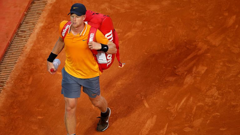 Kyle Edmund of Great Britain walks off court after his three set defeat against Diego Schwartzman of Argentina in their first round match during day two of the Rolex Monte-Carlo Masters at Monte-Carlo Country Club on April 15, 2019 in Monte-Carlo, Monaco.