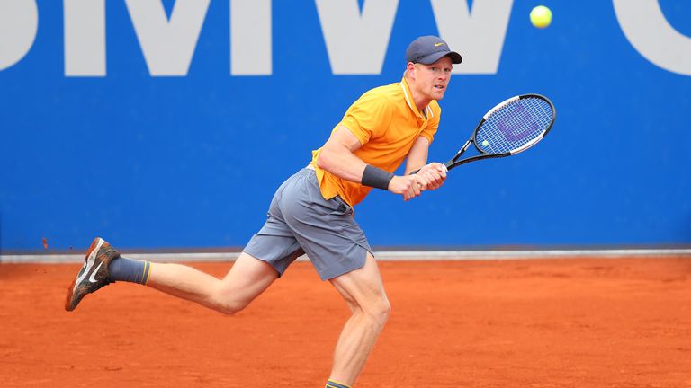 Kyle Edmund of Great Britain plays a back hand during his first round match against Denis Kudla of USA on day 4 of the BMW Open at MTTC IPHITOS on April 30, 2019 in Munich, Germany.