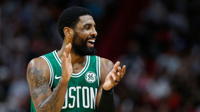 Kyrie Irving #11 of the Boston Celtics reacts against the Miami Heat during the second half at American Airlines Arena on April 03, 2019 in Miami, Florida.
