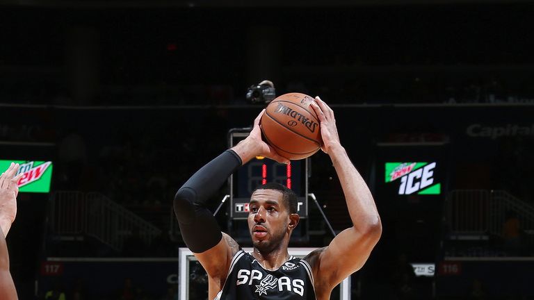 LaMarcus Aldridge #12 of the San Antonio Spurs handles the ball against the Washington Wizards on April 5, 2019 at Capital One Arena in Washington, DC.