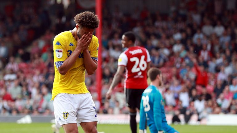 Leeds United's Tyler Roberts reacts after a missed chance during the Sky Bet Championship match at Griffin park