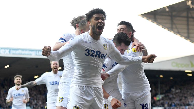 Leeds' players celebrate their goal against Sheffield Wednesday