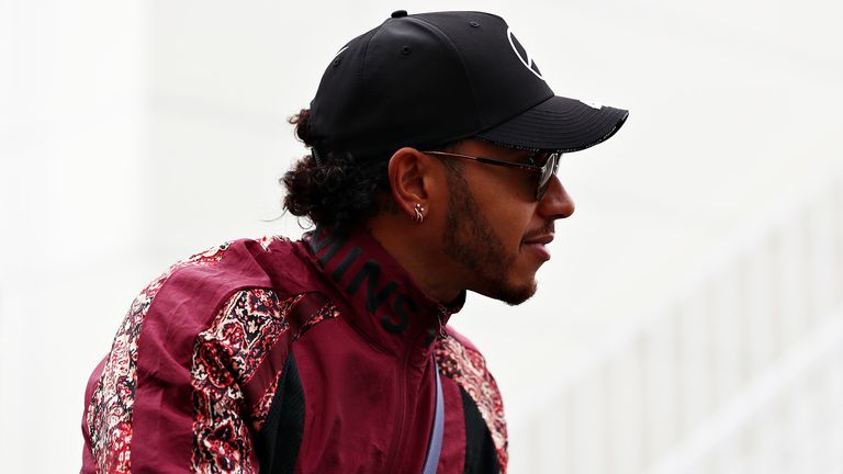 Lewis Hamilton of Great Britain and Mercedes GP rides a scooter in the Paddock during previews ahead of the F1 Grand Prix of Azerbaijan at Baku City Circuit on April 25, 2019 in Baku, Azerbaijan.