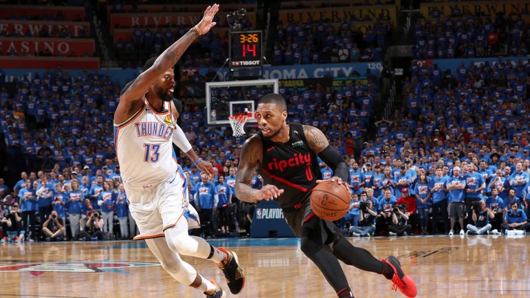 Damian Lillard of the Portland Trail Blazers drives to the basket against the Oklahoma City Thunder during Game Four of Round One of the 2019 NBA Playoffs