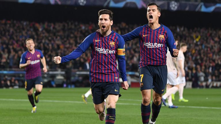 Lionel Messi celebrates scoring his first goal against Barcelona