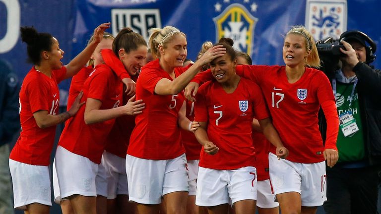 Nikita Parris is congratulated by teammates Rachel Daley and Steph Houghton after scoring against the United States in the 2019 SheBelieves Cup