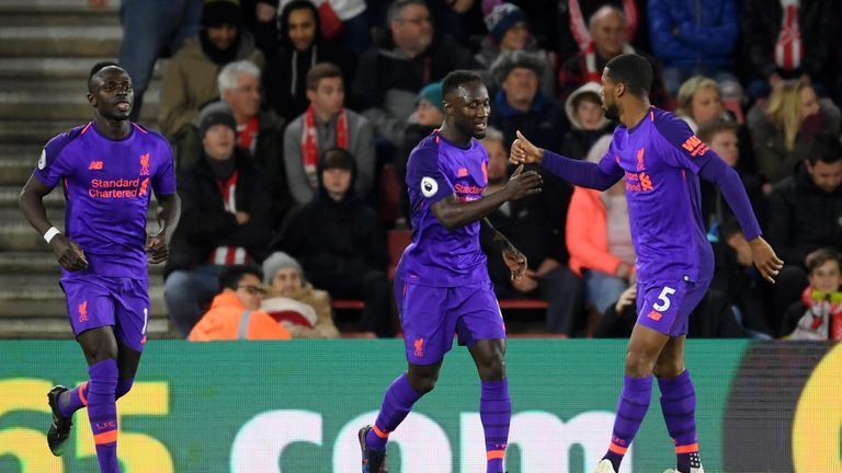 Naby Keita celebrates his goal for Liverpool against Southampton