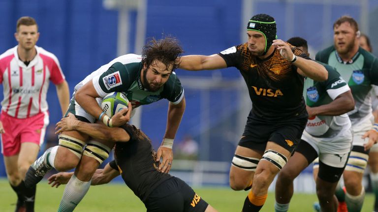Lodewyk De Jager is tackled by Tomas Cubelli during the recent Super Rugby Rd 2 match between Jaguares and Bulls 
