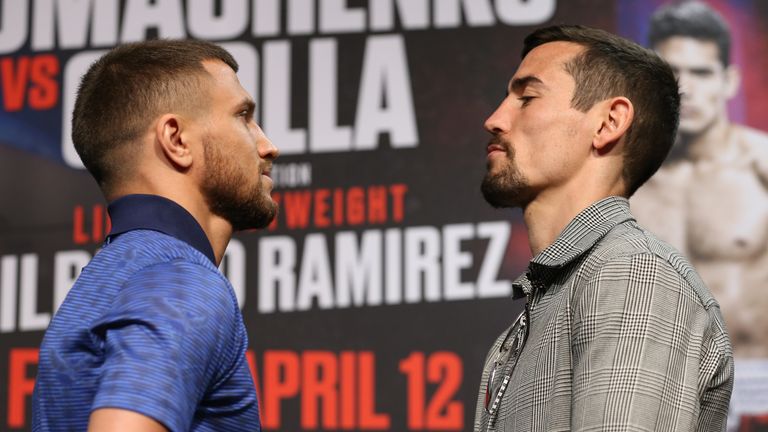 April 10, 2019; Los Angeles, CA; WBA/WBO lightweight champion Vasiliy Lomachenko and  Anthony Crolla pose at the final press conference for their fight on Friday night at the Staples Center in Los Angeles, CA.   Mandatory Credit: Ed Mulholland/Matchroom Boxing