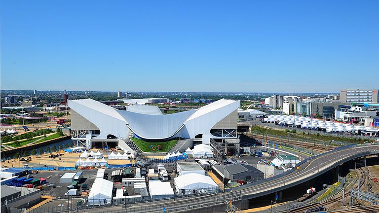 A general view of the Olympic Park and Aquatics centre from The Lund Point tower on July 23, 2012 in London, England.