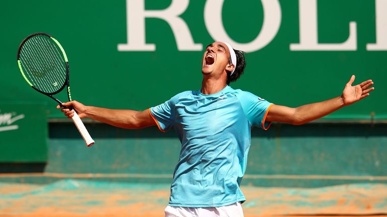 Lorenzo Sonego of Italy celebrates match point against Cameron Norrie of Great Britain in their third round match during day five of the Rolex Monte-Carlo Masters at Monte-Carlo Country Club on April 18, 2019 in Monte-Carlo, Monaco. 