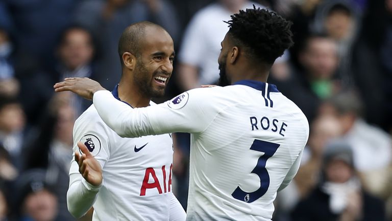 Lucas Moura celebrates with Danny Rose after scoring the second of his three goals