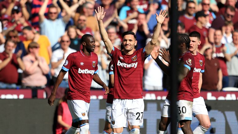 Lucas Perez celebrates after restoring West Ham's lead at home to Leicester
