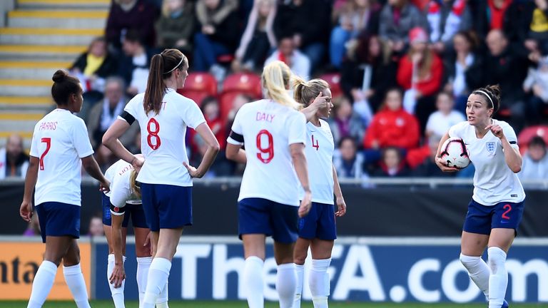 Lucy Bronze of England (2) reacts towards team mates during the International Friendly match between England Women and Sweden Women at The New York Stadium on November 11, 2018 in Rotherham, England.