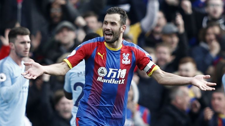 Luka Milivojevic celebrates scoring for Crystal Palace against Manchester City