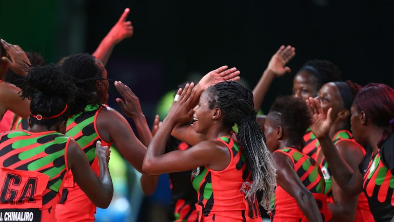  Malawi celebrate winning the Netball match between New Zealand and Malawi on day four of the Gold Coast 2018