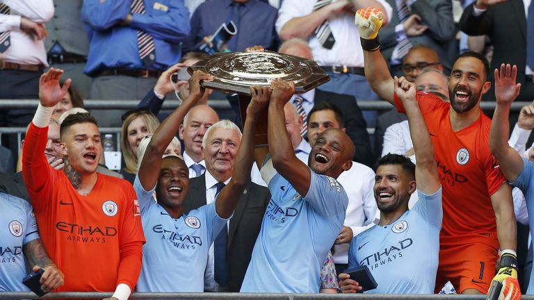 Manchester City celebrate winning the Community Shield