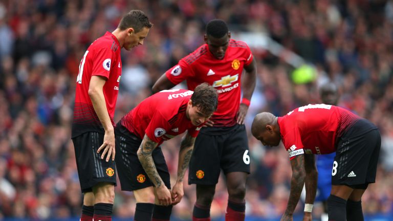 Eric Bailly and Mateo Kovacic on the ground injured in Manchester United vs Chelsea at Old Trafford in Premier League