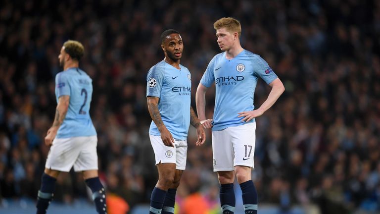 Raheem Sterling and Kevin De Bruyne react after conceding against Tottenham