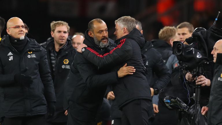 Nuno Espirito Santo and Ole Gunnar Solskjaer during the FA Cup quarter-final between Wolves and Manchester United