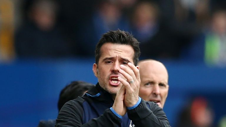 Marco Silva, Manager of Everton looks on during the Premier League match between Everton FC and Arsenal FC at Goodison Park on April 07, 2019 in Liverpool, United Kingdom.