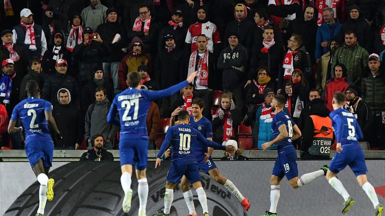 Marcos Alonso scores for Chelsea against Slavia Prague