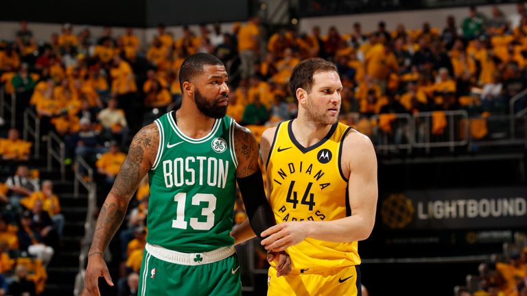 Marcus Morris #13 of the Boston Celtics plays defense against Bojan Bogdanovic #44 of the Indiana Pacers during Game Four of Round One of the 2019 NBA Playoffs on April 21, 2019 at Bankers Life Fieldhouse in Indianapolis, Indiana.