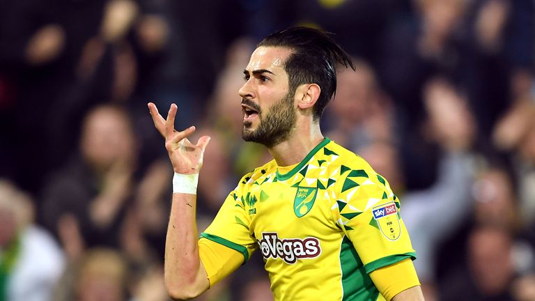 Norwich City's Mario Vrancic celebrates scoring his side's second goal of the game during the Sky Bet Championship match vs Sheffield Wednesday at Carrow Road, Norwich.