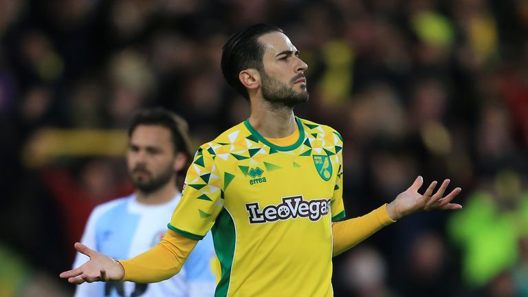 Mario Vrancic of Norwich City celebrates after scoring his team&#39;s second goal against Blackburn