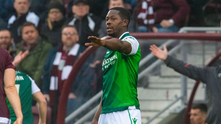 Hibernian's Marvin Bartley issues instructions during the 2-1 win against Hearts at Tynecastle