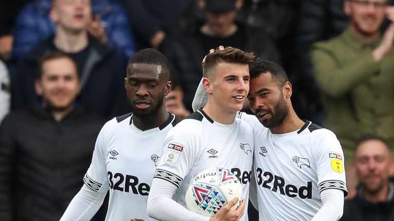 Derby County's Mason Mount celebrates scoring his side's fourth goal, completing a hat-trick