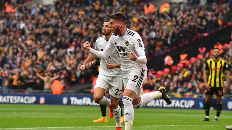 Matt Doherty celebrates a goal for Wolves against Watford in the FA Cup semi-final