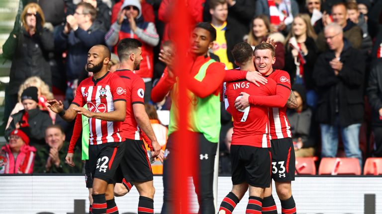 Matt Targett celebrates with team-mate Danny Ings after heading Southampton in to a 3-2 lead
