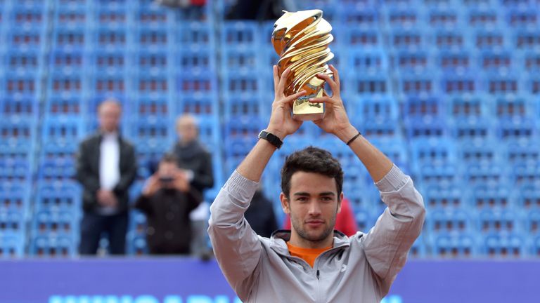 Italy's Matteo Berrettini poses with the trophy after his victory over Serbia's Filip Krajinovic during the ATP final tennis match at the Hungarian Open in Budapest, on April 28, 2019. 