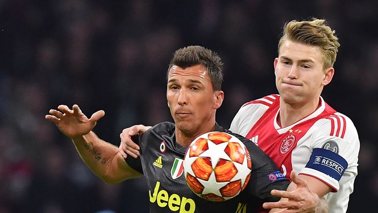 Ajax's Dutch defender Matthijs de Ligt (R) vies for the ball with Juventus' Croatian forward Mario Mandzukic during the UEFA Champions League first leg quarter-final football match between Ajax Amsterdam and Juventus FC at the Johan Cruijff ArenA in Amsterdam on April 10, 2019. 