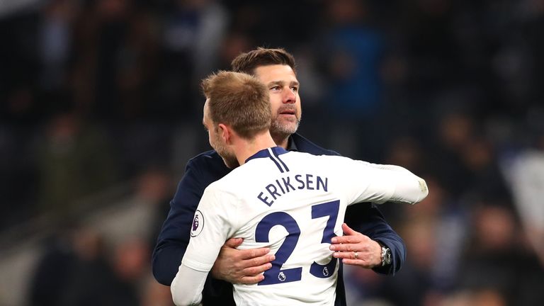 Mauricio Pochettino celebrates with Christian Eriksen after the 2-0 win over Crystal Palace