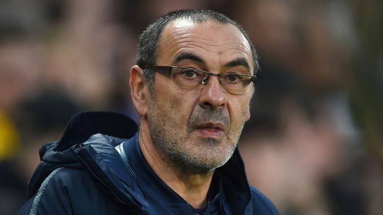 Maurizio Sarri, Manager of Chelsea looks on prior to the UEFA Europa League Quarter Final Second Leg match between Chelsea and Slavia Praha at Stamford Bridge on April 18, 2019 in London, England. 