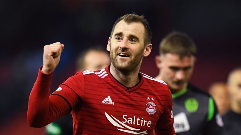 03/04/19 LADBROKES PREMIERSHIP.ABERDEEN v MOTHERWELL.PITTODRIE - ABERDEEN.Aberdeen's Niall McGinn is all smiles at full time