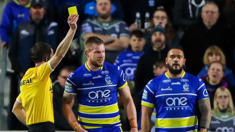 Warrington's Mike Cooper is sent to the sin-bin by referee James Child.