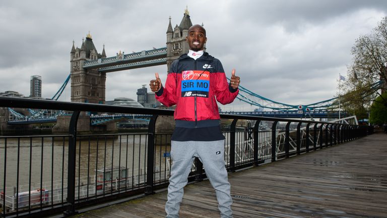 Sir Mo Farah attends the Elite men's photocall ahead of Sunday's London Marathon at The Tower Hotel on April 24, 2019 in London, England. 