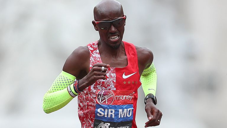 Mo Farah of Great Britain runs towards the finish line during the Men's Elite race during the 2019 Virgin Money London Marathon in the United Kingdom on April 28, 2019 in London, England