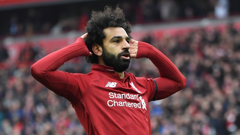 Mohamed Salah celebrates scoring for Liverpool against Chelsea