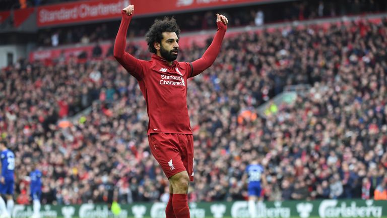 Mohamed Salah celebrates scoring for Liverpool against Chelsea