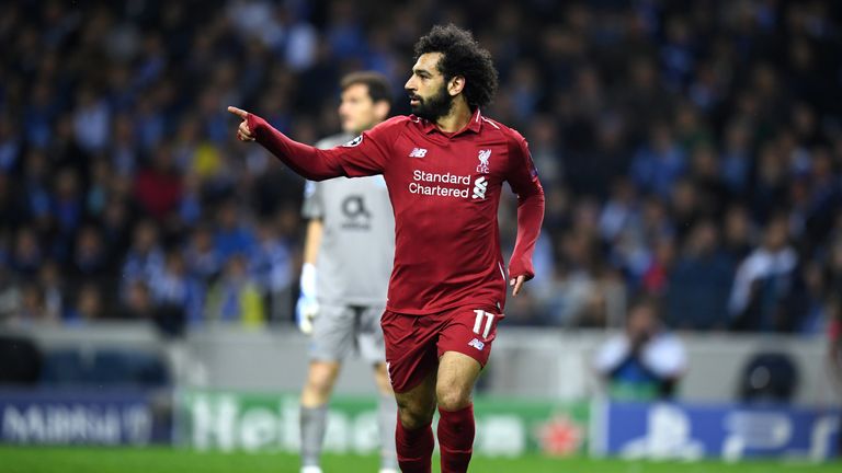 Mohamed Salah celebrates scoring Liverpool's second goal against Porto in Champions League quarter-final second leg