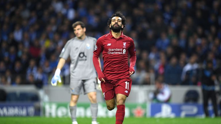 Mohamed Salah celebrates scoring Liverpool&#39;s second goal against Porto in Champions League quarter-final second leg