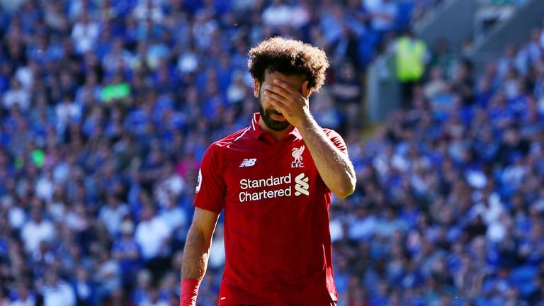 Mohamed Salah reacts after missing a chance against Cardiff