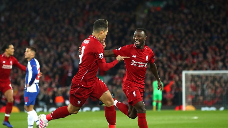 Naby Keita celebrates scoring against Porto with Liverpool striker Roberto Firmino 